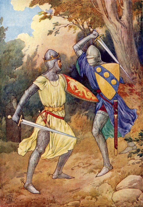 König Arthur kämpft mit dem fremden Ritter von Harry George Theaker