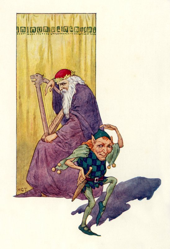 Minnesänger und Zwerge unterhalten den König von Harry George Theaker