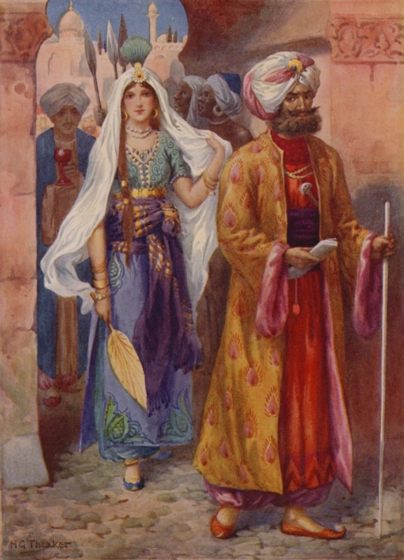 Sindbad bringt die Geschenke zum Kalifen von Harry George Theaker