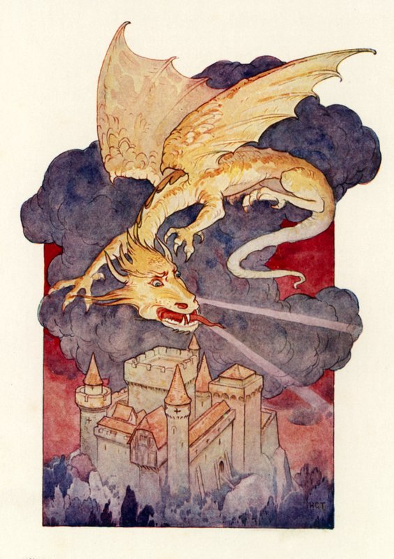 "Der Drache breitete seine Flügel aus und schwebte über der Burg" von Harry George Theaker
