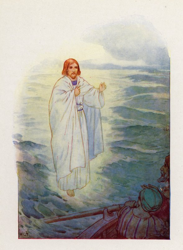 Auf dem tosenden Meer sahen die Fischer die Gestalt Jesu von Harry George Theaker