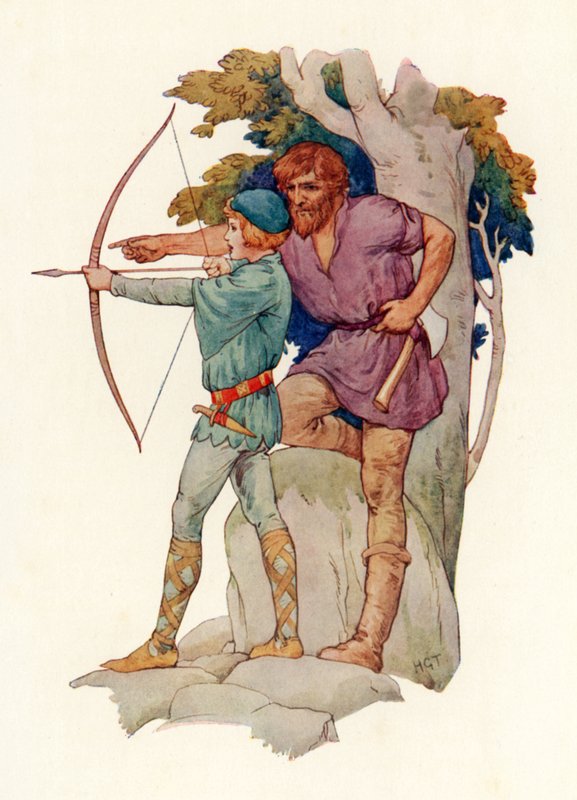 Der junge Lancelot wird vom Waldmann im Bogenschießen unterrichtet von Harry George Theaker