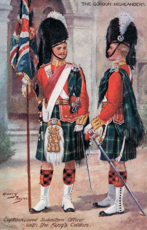 Die Gordon Highlanders, Hauptmann und Unteroffizier, mit den Farben des Königs von Harry Payne