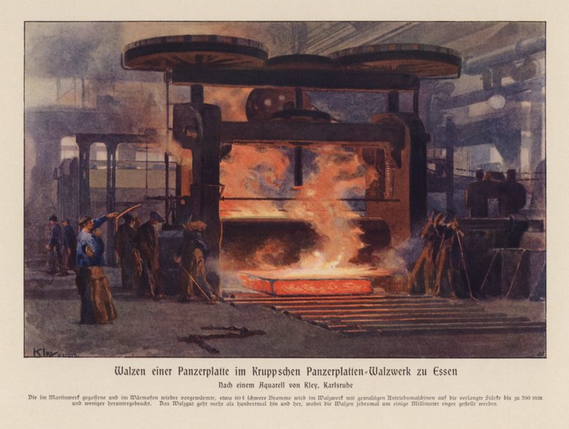 Walzen von Panzerplatten in den Krupp-Werken in Essen, Deutschland von Heinrich Kley