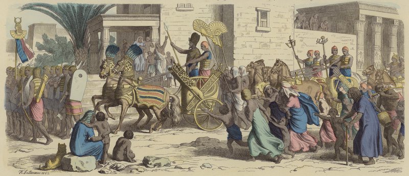 Ein alter ägyptischer Pharao zieht in den Krieg (kolorierte Gravur) von Heinrich Leutemann