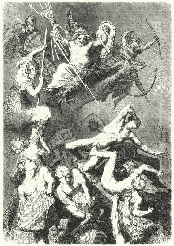 Kampf zwischen den antiken griechischen Göttern und den Titanen (Stich) von Heinrich Leutemann