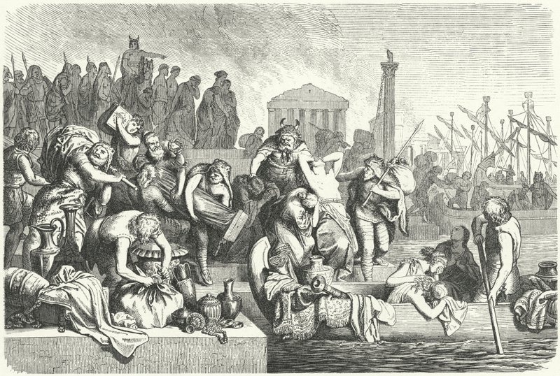 Abfahrt einer Vandalenflotte mit Beute aus einer geplünderten Stadt (Stich) von Heinrich Leutemann