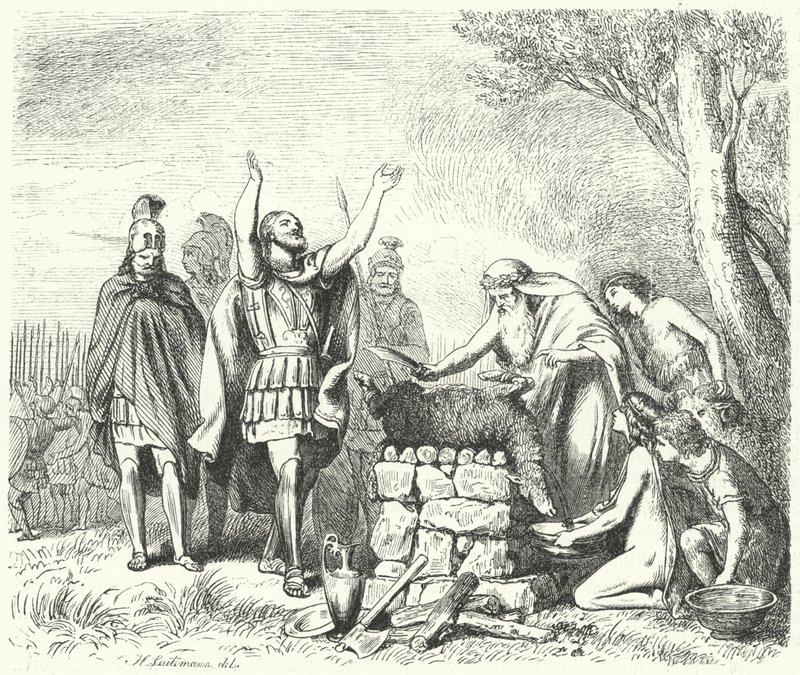 Pausanias opfert den Göttern vor der Schlacht von Plataea, 479 v. Chr. (Stich) von Heinrich Leutemann