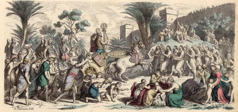 Empfang einer siegreichen assyrischen Armee (kolorierte Gravur) von Heinrich Leutemann