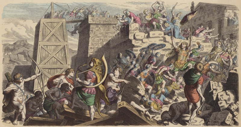 Römische Soldaten stürmen eine Stadt (kolorierte Gravur) von Heinrich Leutemann