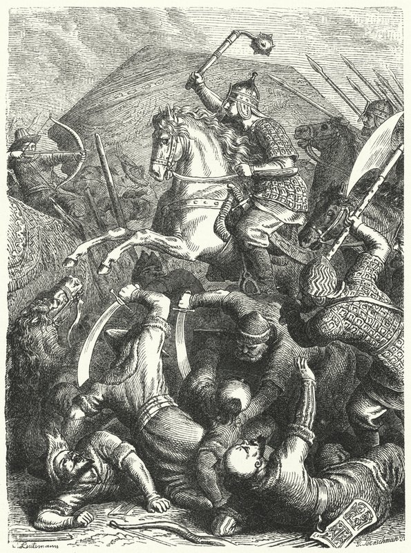 Der Kosaken-Militärkommandant Jermak Timofejewitsch im Kampf mit den Tataren von Khan Kuchum von Heinrich Leutemann