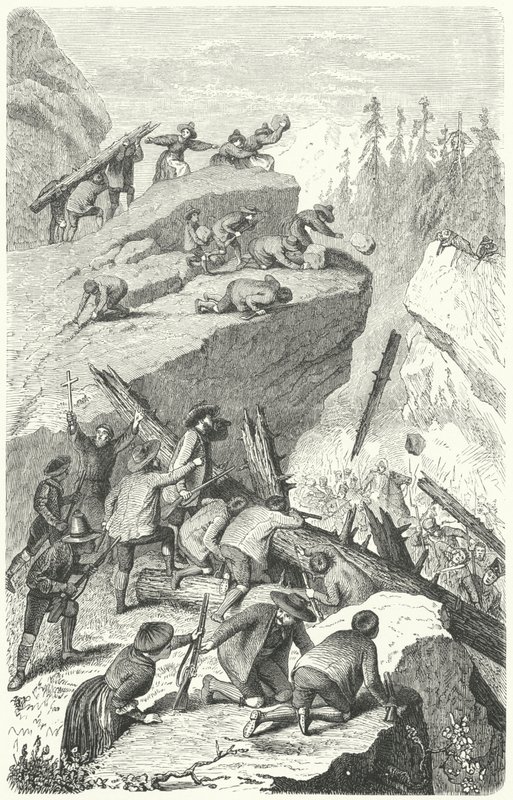 Tiroler Rebellen kämpfen gegen die französische Armee in der Schlacht von der Sachsenklemme von Heinrich Leutemann