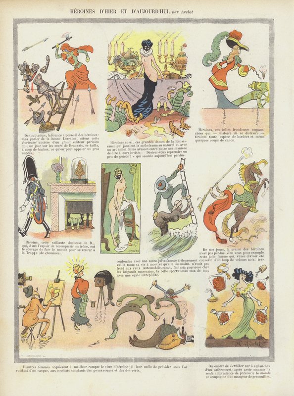 Heldinnen der Vergangenheit und Gegenwart. Illustration für Le Rire von Henri Avelot