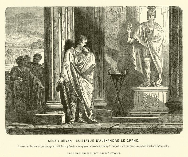 Julius Caesar vor einer Statue von Alexander dem Großen in Spanien, beklagt das Ausmaß seiner Errungenschaften im Vergleich zu Alexanders im gleichen Alter wie dessen Tod, ca. 67 v. Chr. von Henri de (after) Montaut