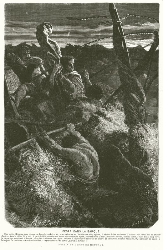 Julius Caesar, verkleidet als Sklave, enthüllt seine Identität der Besatzung eines Bootes, das während der Überquerung der Adria in einen Sturm geriet, 48 v. Chr. von Henri de (after) Montaut