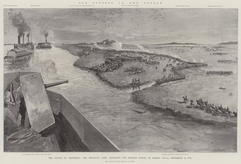 Unser Erfolg im Sudan, die Schlacht von Omdurman, die Armee des Khalifen greift die Truppen des Sirdars bei Keriri an, 6.30 Uhr, 2. September 1898 von Henry Charles Seppings Wright