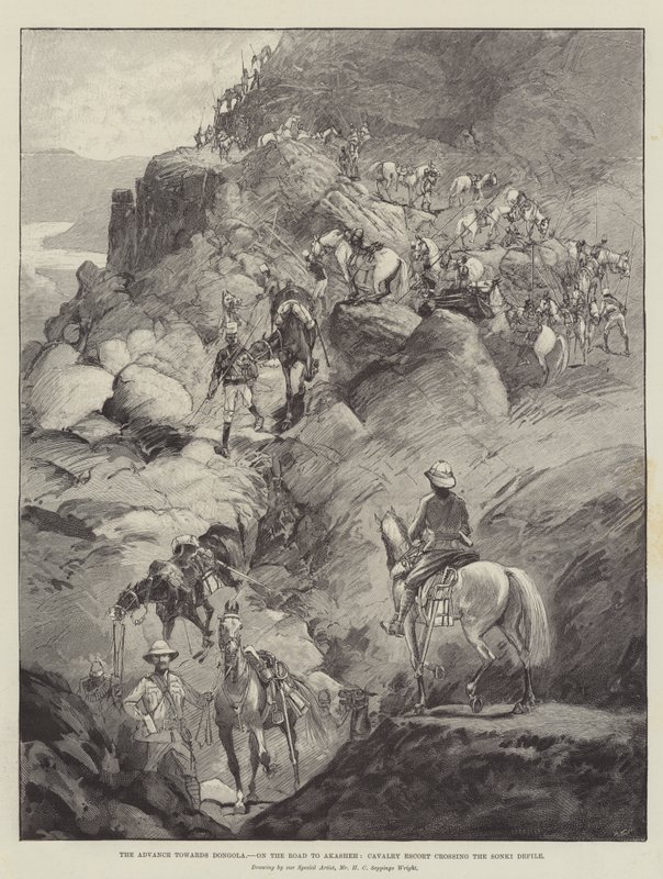 Der Vormarsch nach Dongola, auf dem Weg nach Akasheh, Kavallerie-Eskorte überquert die Sonki-Schlucht von Henry Charles Seppings Wright