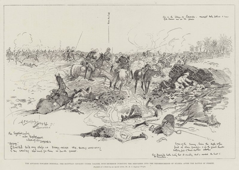 Der Vormarsch nach Dongola, die ägyptische Kavallerie unter Oberst Burn-Murdoch verfolgt die Derwische in die Nähe von Suarda nach der Schlacht von Ferket von Henry Charles Seppings Wright
