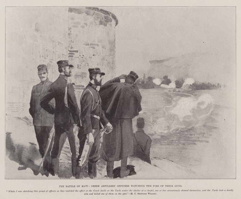 Die Schlacht von Mati, griechische Artillerieoffiziere beobachten das Feuer ihrer Geschütze von Henry Charles Seppings Wright