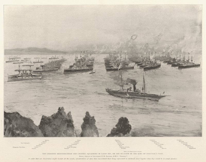 Die kombinierten Mittelmeer- und Kanalschwadrone in der Lagos-Bucht, anlässlich des Besuchs des Königs von Portugal von Henry Charles Seppings Wright