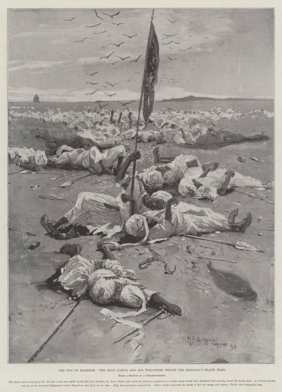 Das Ende des Mahdismus, der tote Yakub und seine Anhänger neben der schwarzen Flagge des Khalifa von Henry Charles Seppings Wright