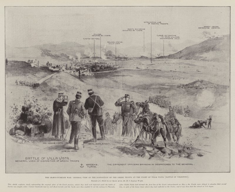 Der Griechisch-Türkische Krieg, Allgemeine Ansicht der Disposition der griechischen Truppen bei der Schlacht von Villa Vista (Schlacht von Velestino) von Henry Charles Seppings Wright