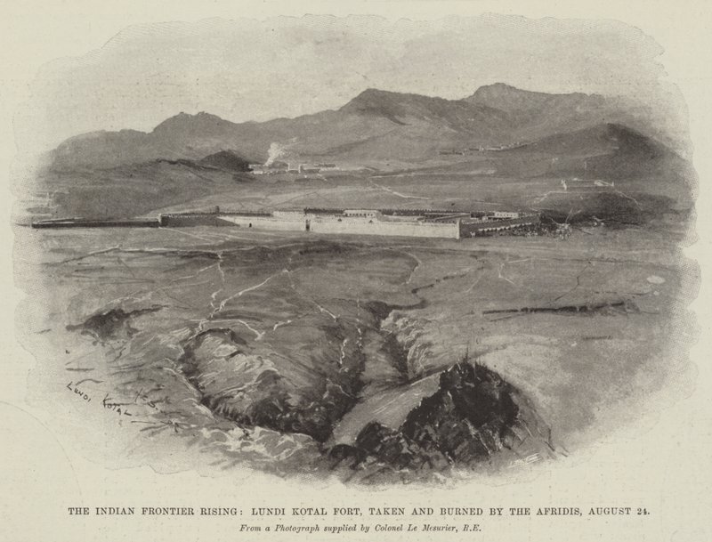 Der Aufstand an der indischen Grenze, Fort Lundi Kotal, von den Afridis eingenommen und niedergebrannt, 24. August von Henry Charles Seppings Wright