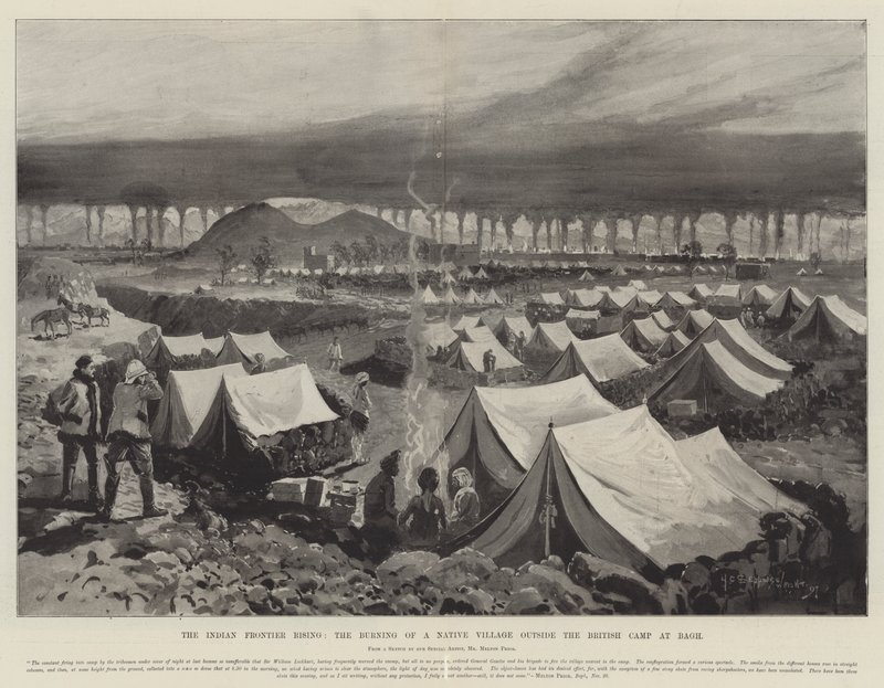 Der Aufstand an der indischen Grenze, das Verbrennen eines einheimischen Dorfes außerhalb des britischen Lagers in Bagh von Henry Charles Seppings Wright