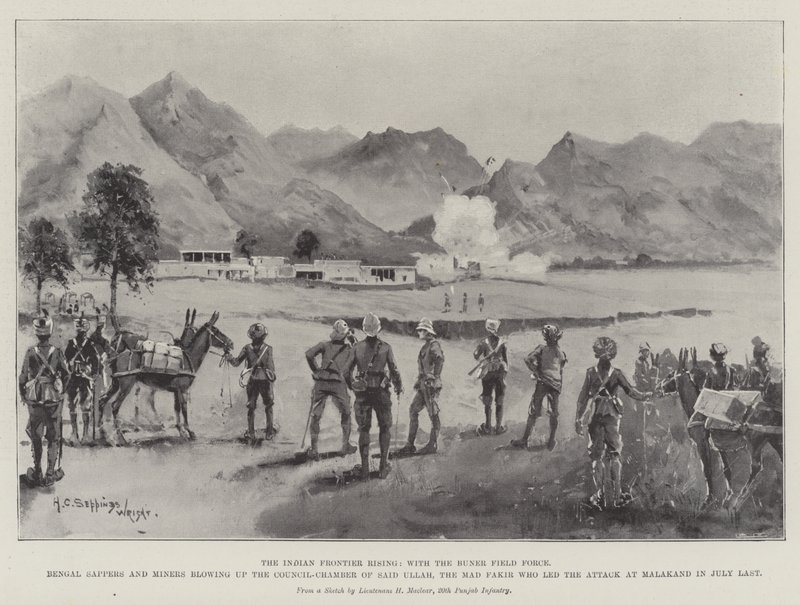 Der Aufstand an der indischen Grenze, mit der Buner-Feldtruppe, Bengal Sappers und Miners sprengen die Ratskammer von Said Ullah, dem verrückten Fakir, der den Angriff auf Malakand im Juli letzten Jahres anführte von Henry Charles Seppings Wright
