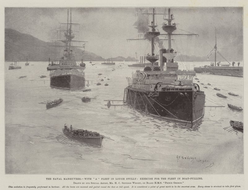 Die Marine-Manöver, mit einer Flotte in Lough Swilly, Übung für die Flotte im Bootsrudern von Henry Charles Seppings Wright