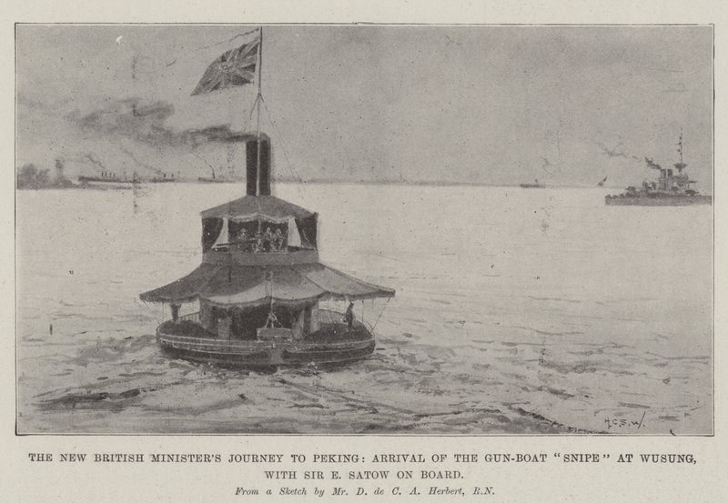 Die Reise des neuen britischen Ministers nach Peking, Ankunft des Kanonenboots Snipe in Wusung, mit Sir E Satow an Bord von Henry Charles Seppings Wright