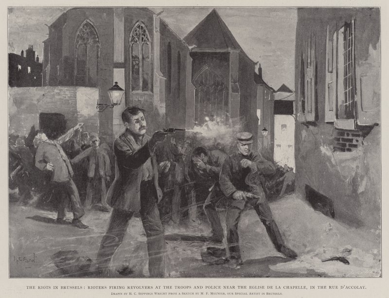 Die Unruhen in Brüssel, Aufständische schießen mit Revolvern auf die Truppen und die Polizei in der Nähe der Eglise de la Chapelle, in der Rue d