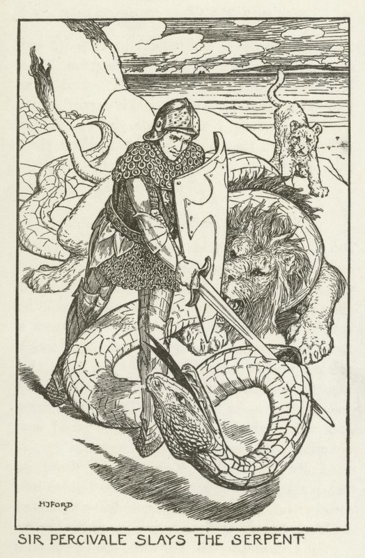 Sir Percivale tötet die Schlange von Henry Justice Ford