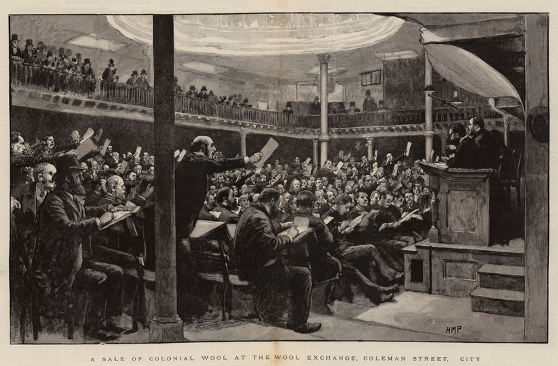 Verkauf von Kolonialwolle an der Wool Exchange, Coleman Street, City von Henry Marriott Paget