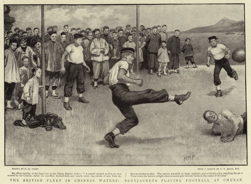 Die britische Flotte in chinesischen Gewässern, Matrosen spielen Fußball in Chusan von Henry Marriott Paget