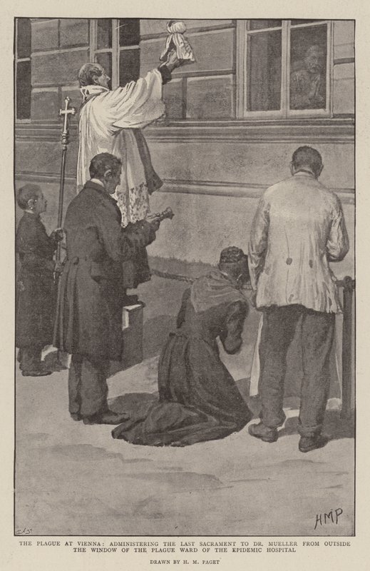 Die Pest in Wien, Verabreichung des letzten Sakraments an Dr. Müller von außerhalb des Fensters der Peststation des Epidemiekrankenhauses von Henry Marriott Paget
