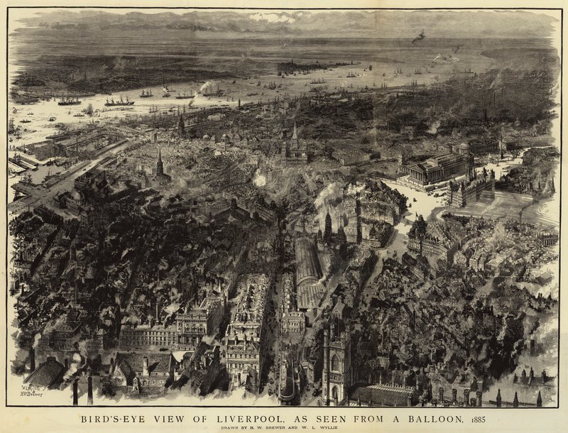 Vogelperspektive von Liverpool, gesehen von einem Ballon, 1885 von Henry William Brewer