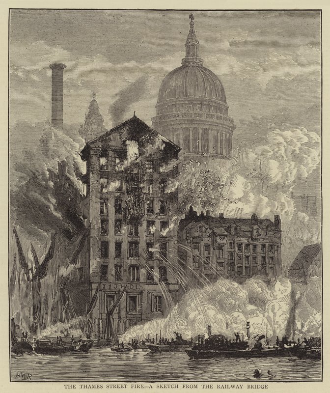 Das Feuer in der Thames Street, eine Skizze von der Eisenbahnbrücke von Henry William Brewer