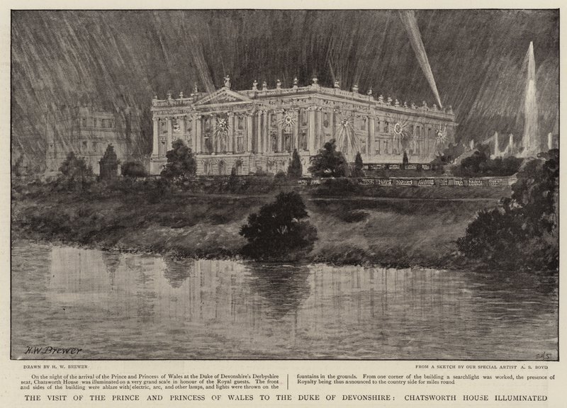 Der Besuch des Prinzen und der Prinzessin von Wales beim Herzog von Devonshire, Chatsworth House beleuchtet von Henry William Brewer