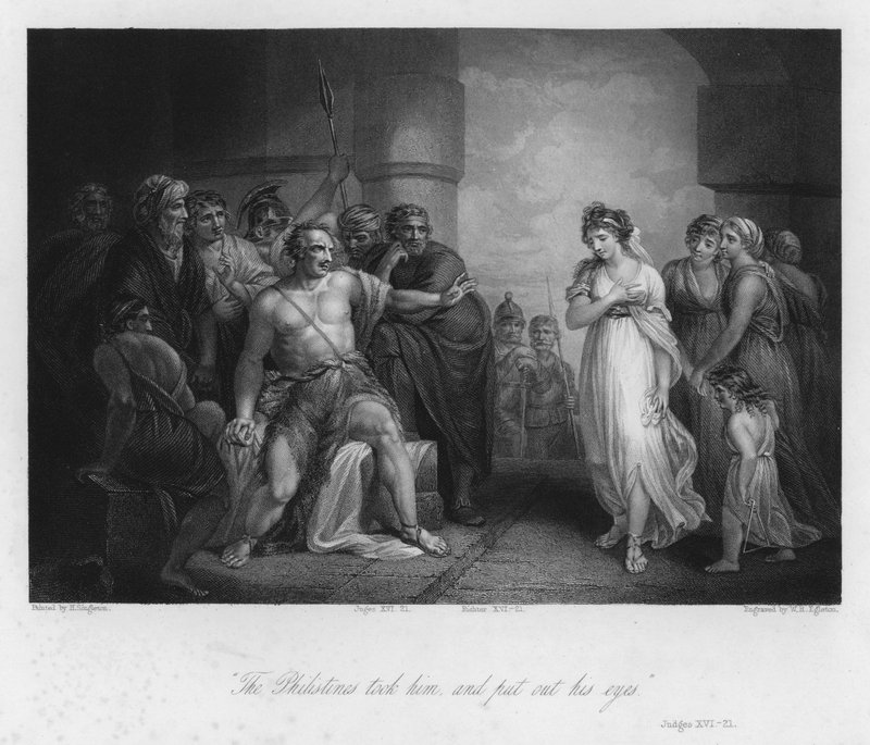 Samson und Delila, Richter XVI, 21 (Gravur) von Henry (after) Singleton