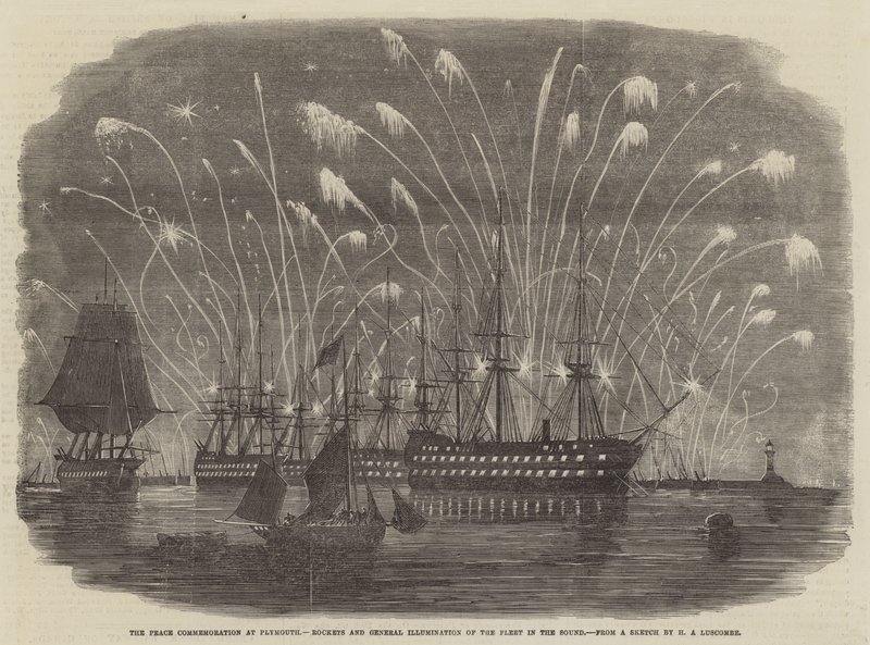 Die Friedensfeier in Plymouth, Raketen und allgemeine Beleuchtung der Flotte im Sound von Henry A. Luscombe