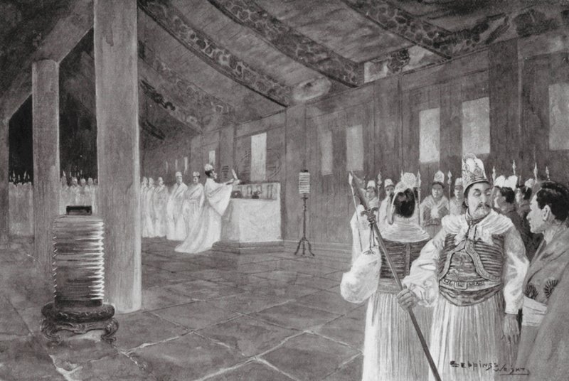 Entfernung einer Tafel aus einem konfuzianischen Tempel (Lithografie) von Henry Charles Seppings Wright