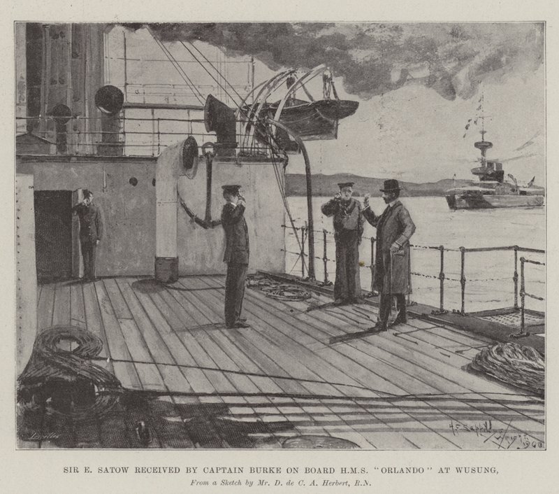Sir E. Satow wird von Kapitän Burke an Bord der HMS Orlando in Wusung empfangen von Henry Charles Seppings Wright
