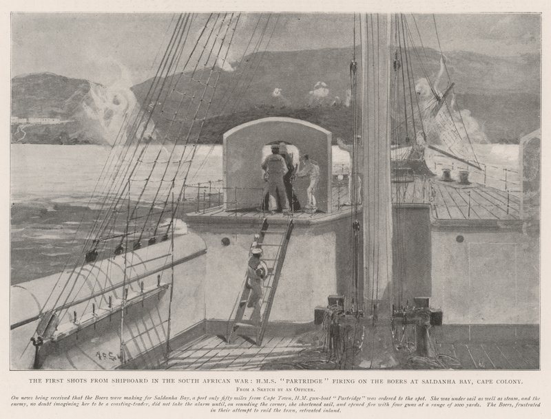 Die ersten Schüsse vom Schiff im Südafrikanischen Krieg, HMS Partridge feuert auf die Buren in der Saldanha-Bucht, Kapkolonie von Henry Charles Seppings Wright