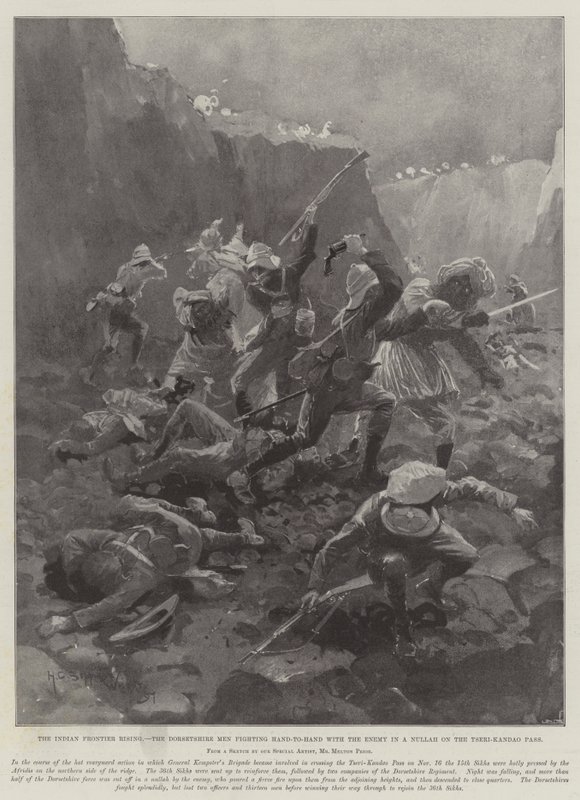 Der Aufstand an der indischen Grenze, die Männer aus Dorset kämpfen Hand in Hand mit dem Feind in einer Schlucht am Tseri-Kandao-Pass von Henry Charles Seppings Wright