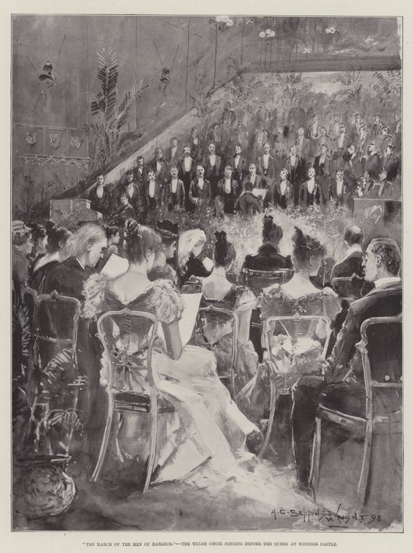 Der Marsch der Männer von Harlech, der walisische Chor singt vor der Königin im Windsor Castle von Henry Charles Seppings Wright