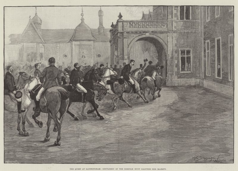 Die Königin in Sandringham, Herren der Norfolk Hunt grüßen Ihre Majestät von Henry Charles Seppings Wright
