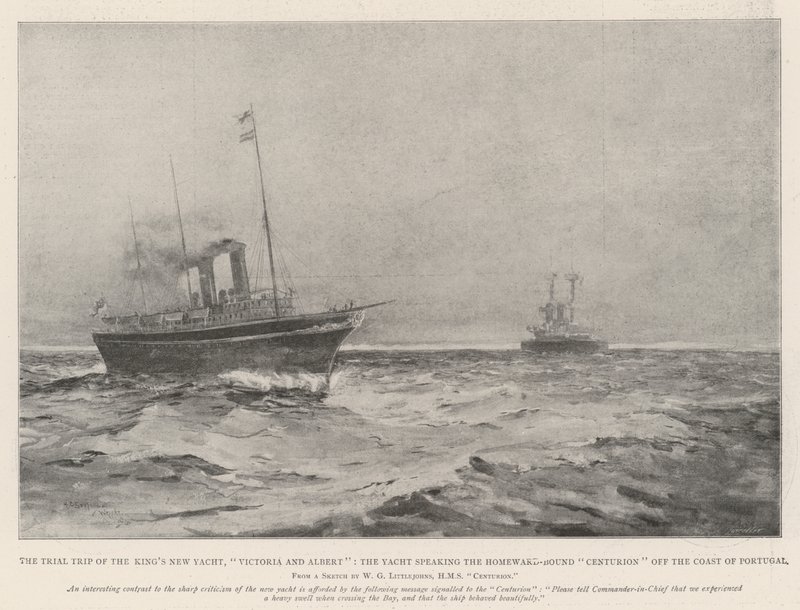 Die Probefahrt der neuen Yacht des Königs, Victoria und Albert, die Yacht spricht den heimkehrenden Centurion vor der Küste Portugals an von Henry Charles Seppings Wright