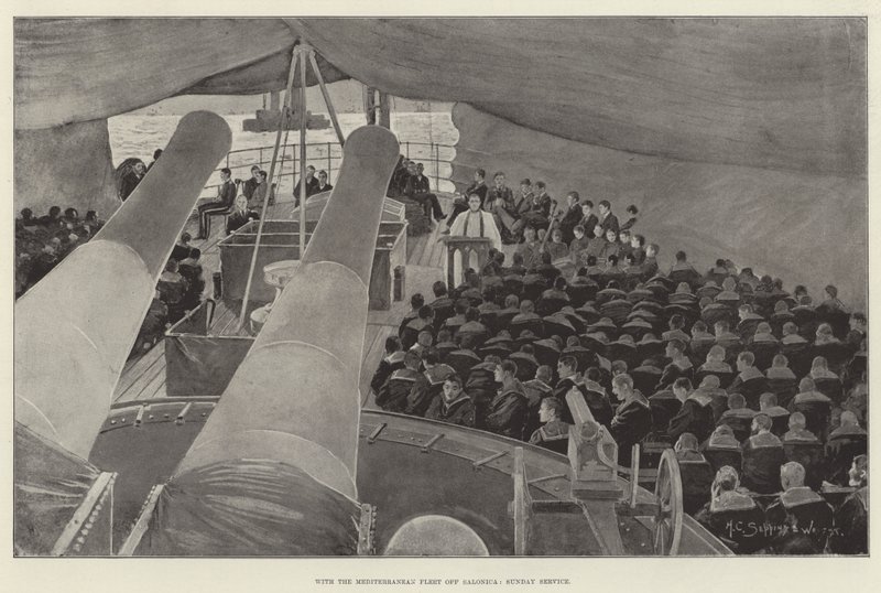 Mit der Mittelmeerflotte vor Saloniki, Sonntagsgottesdienst von Henry Charles Seppings Wright