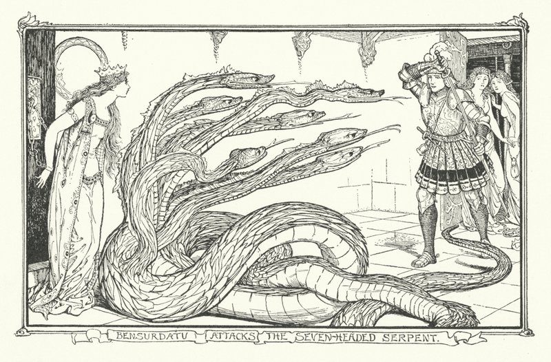 Bensurdatu greift die siebenköpfige Schlange an (Gravur) von Henry Justice Ford